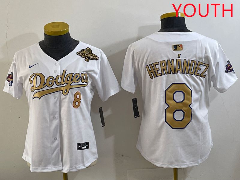 Youth Los Angeles Dodgers #8 Hernandez White Gold Game Nike 2025 MLB Jersey style 4291->youth mlb jersey->Youth Jersey